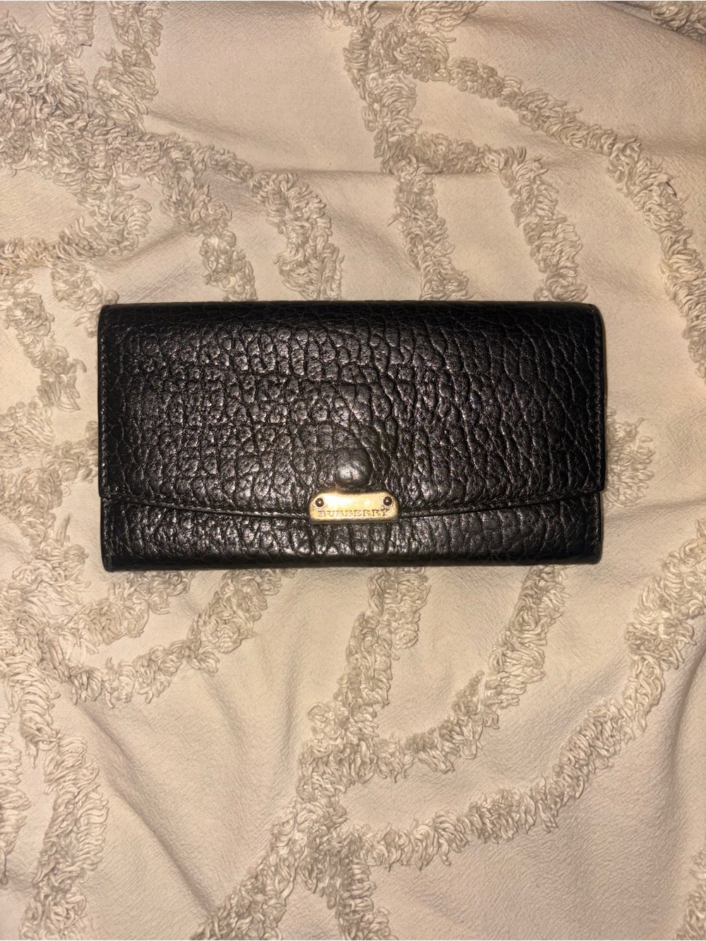 Burberry Black Pebbled Leather Card Holder with Gold Plaque